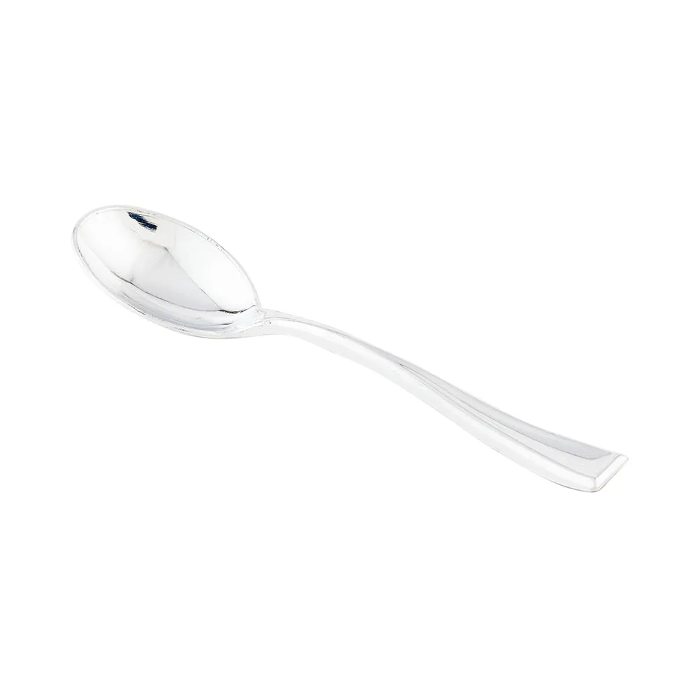 100 Square Black 3.5" Plastic Comma Plates and 100 Silver Plastic 4" Mini Spoons
