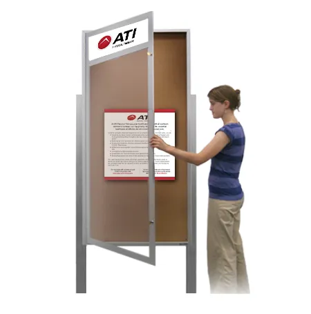 36 x 48 Extra Large Outdoor Enclosed Bulletin Board Display Case with Personalized Header   Posts and XL Single Door Metal Cabinet