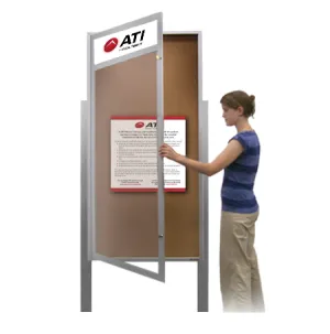 36 x 48 Extra Large Outdoor Enclosed Bulletin Board Display Case with Personalized Header   Posts and XL Single Door Metal Cabinet