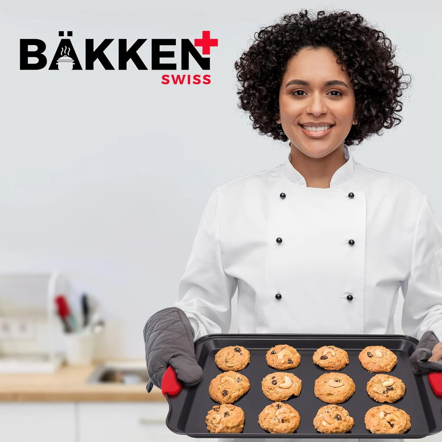 BAKKEN Cookie Sheets for Baking Nonstick Set - 3-Piece Stackable Carbon Steel Baking Sheet Pans Set with Silicone Handles, Non Toxic Cookie Sheets for Baking Bakeware Set - Black