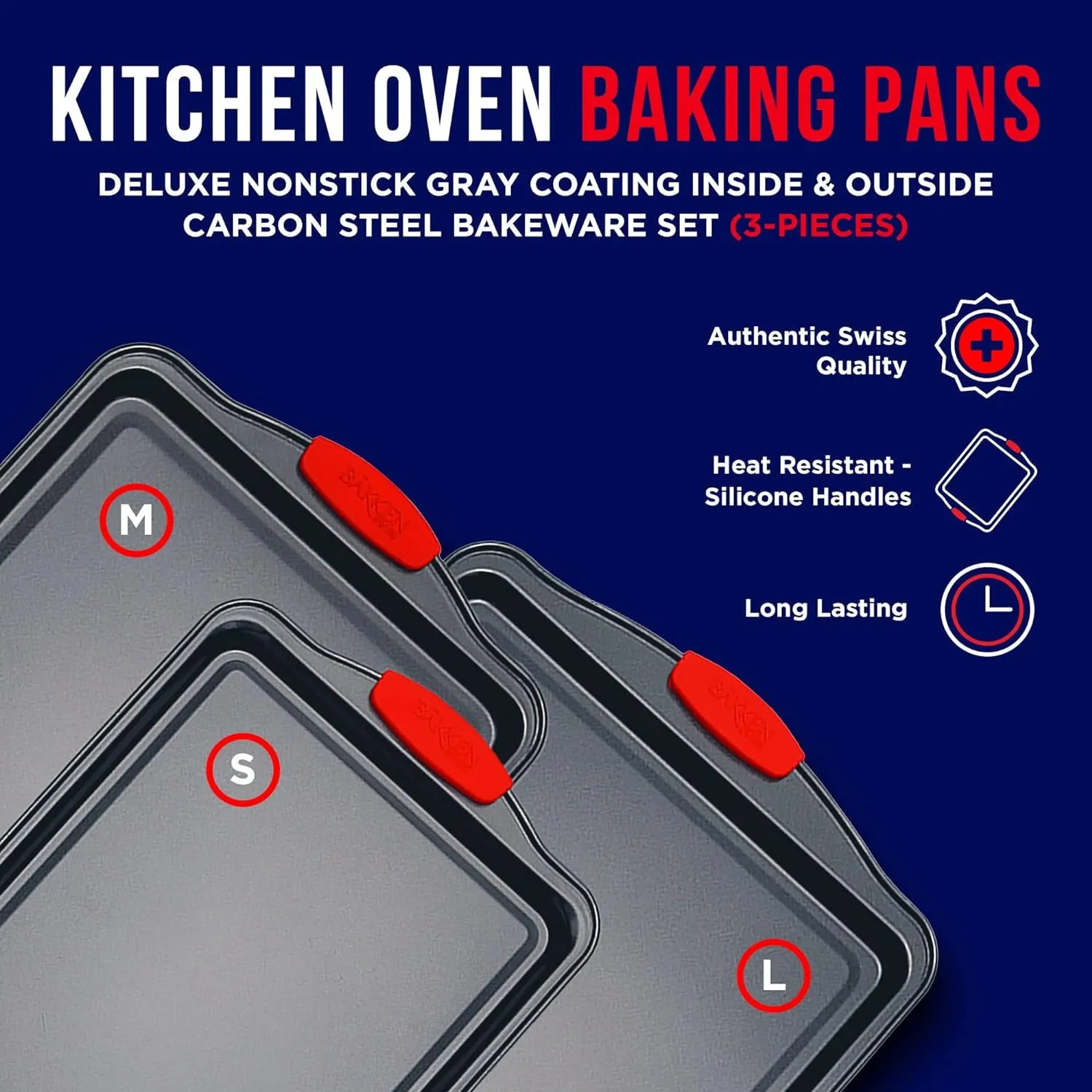 BAKKEN Cookie Sheets for Baking Nonstick Set - 3-Piece Stackable Carbon Steel Baking Sheet Pans Set with Silicone Handles, Non Toxic Cookie Sheets for Baking Bakeware Set - Black