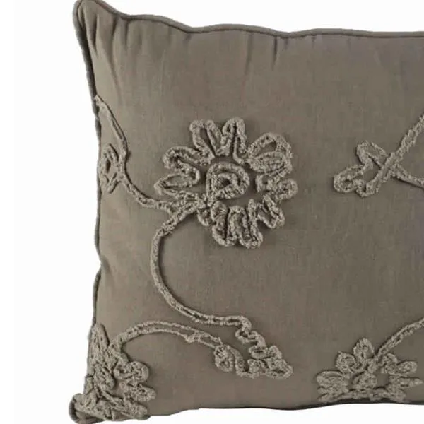 Benzara 25 X 15.5 Inch Decorative Cotton Pillow with Floral Embroidery, Set of 2, Gray
