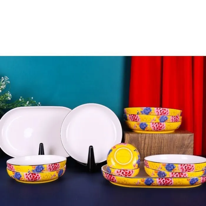 Color King 3636-12S-Y Emperial Peony Plate Set With Golden Rim Yellow