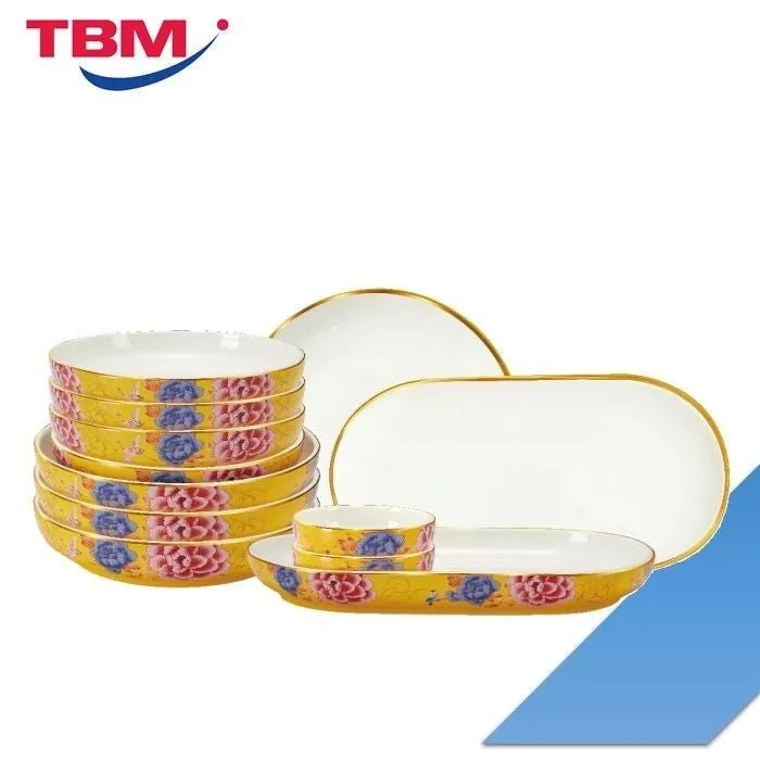 Color King 3636-12S-Y Emperial Peony Plate Set With Golden Rim Yellow