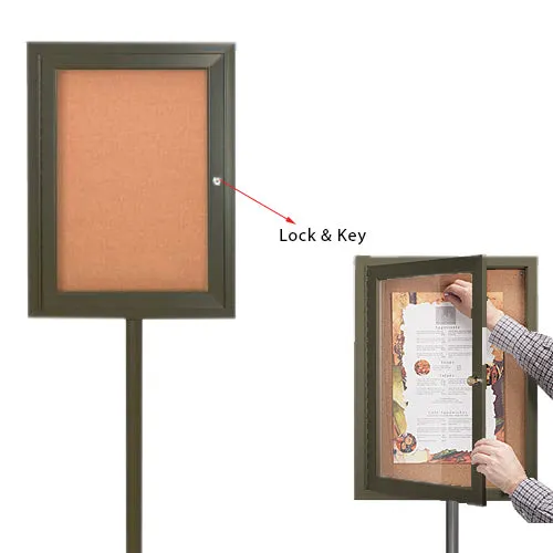 Floor Standing Enclosed Bulletin Board 18 x 24 | Pedestal Stand with Locking Display Case in Bronze Finish