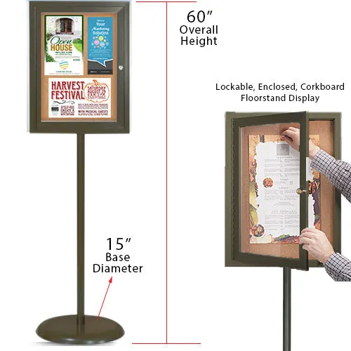 Floor Standing Enclosed Bulletin Board 18 x 24 | Pedestal Stand with Locking Display Case in Bronze Finish