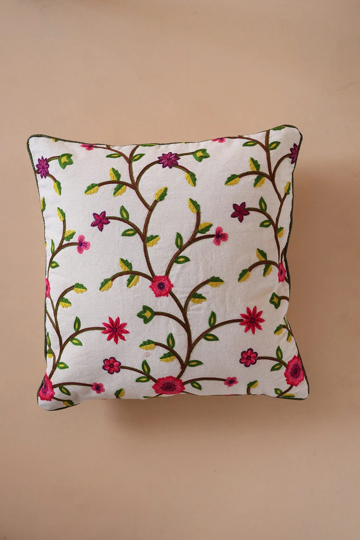 Floral Pattern Embroidery on off white cotton Cushion Cover (16*16 inches)