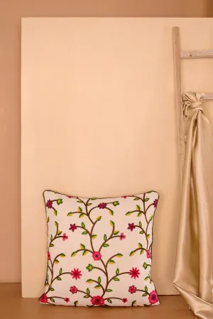 Floral Pattern Embroidery on off white cotton Cushion Cover (16*16 inches)
