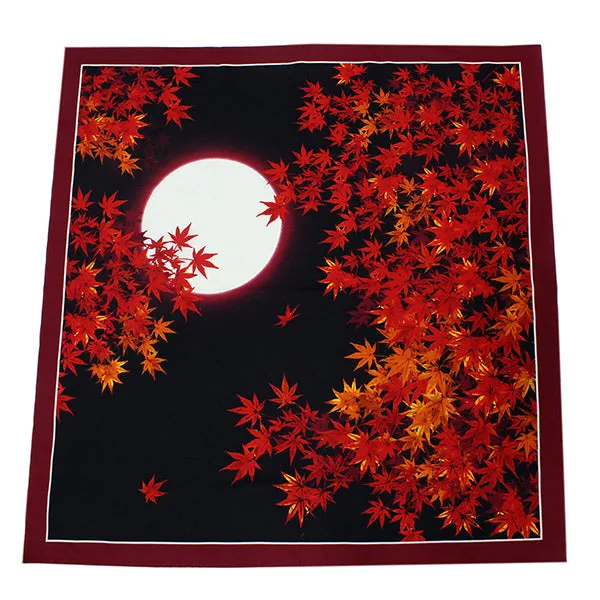 Furoshiki, Japanese Traditional Handkerchief Wrapping Cloth - Black Japanese Autumn Moon and Red Leaves