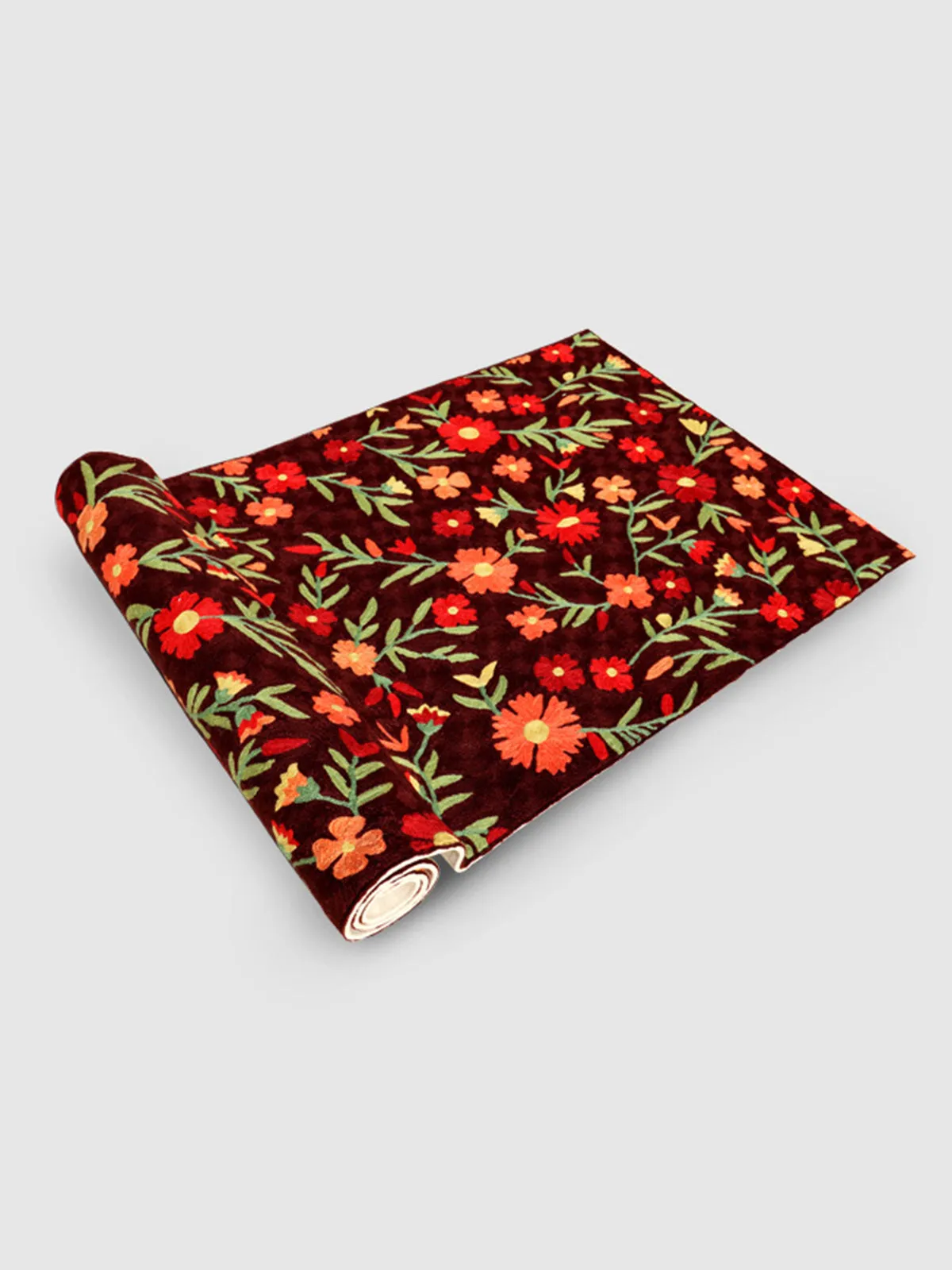 Hand Embroidered Chainstitch Runner Rug Chocolate Brown And Wild Orange