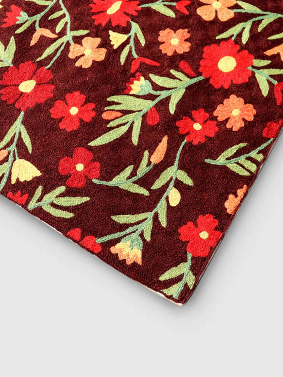 Hand Embroidered Chainstitch Runner Rug Chocolate Brown And Wild Orange
