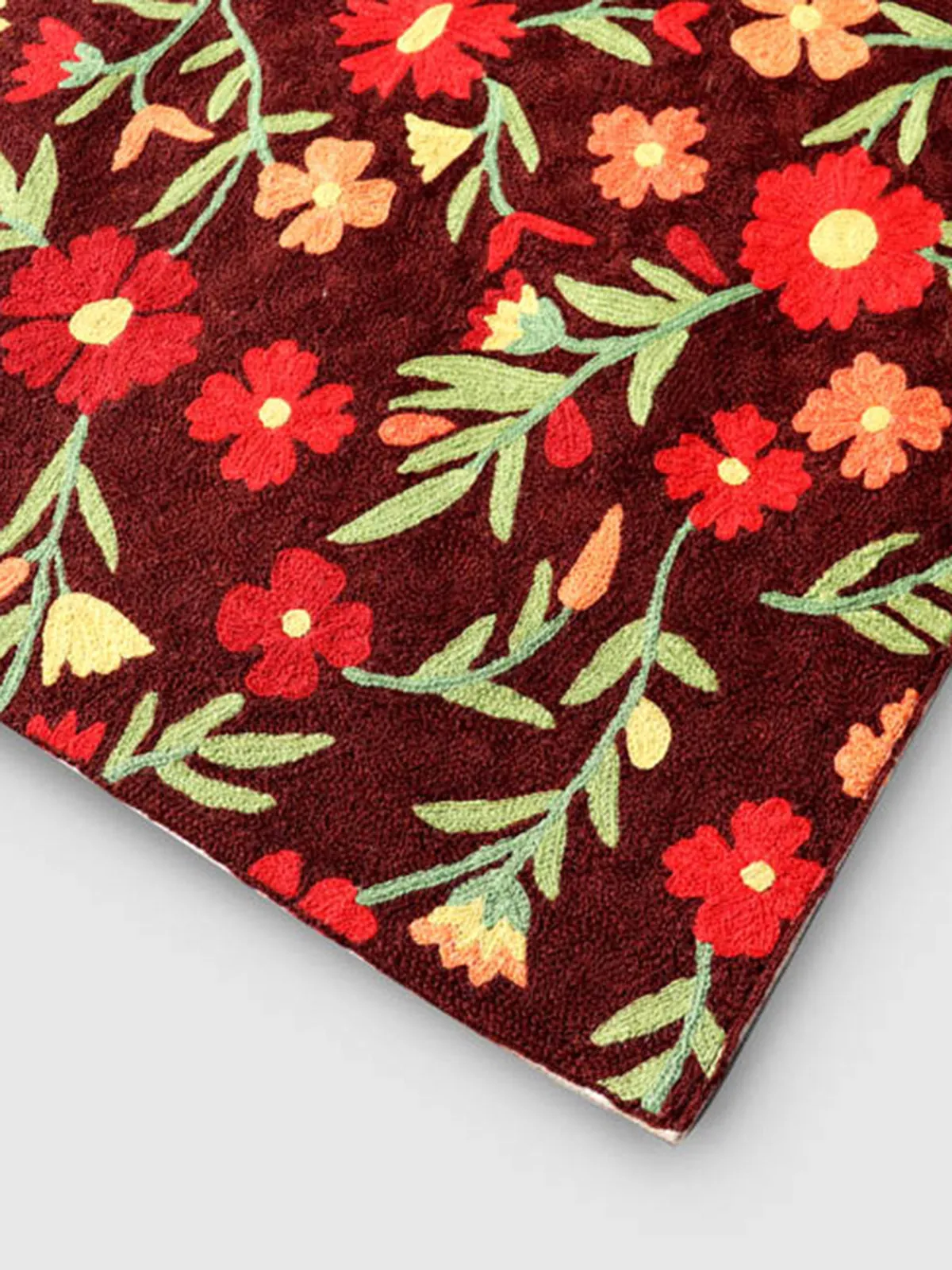 Hand Embroidered Chainstitch Runner Rug Chocolate Brown And Wild Orange