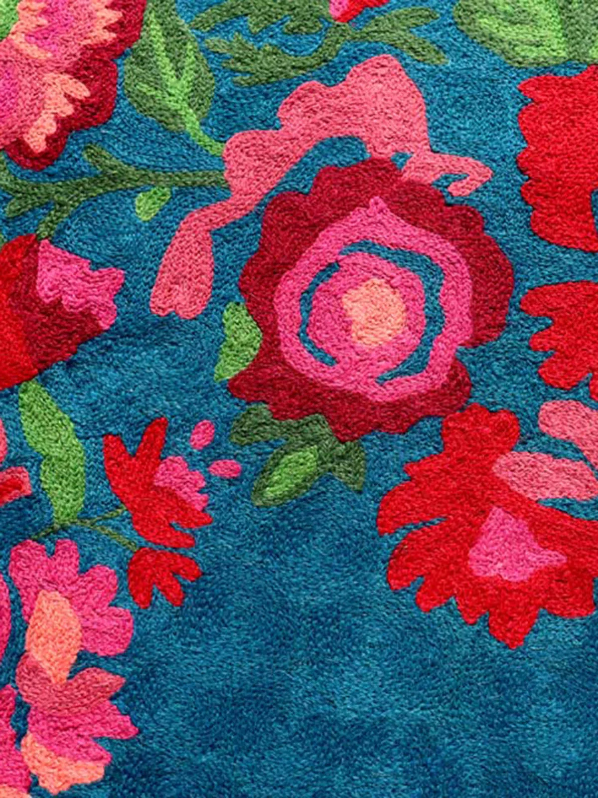 Hand Embroidered Chainstitch Runner Rug Lush Blue Green