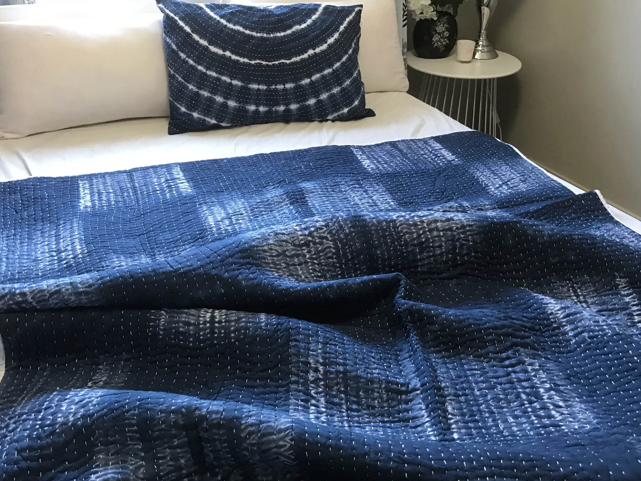 Handmade Indigo Tie dye Box Kantha Quilt