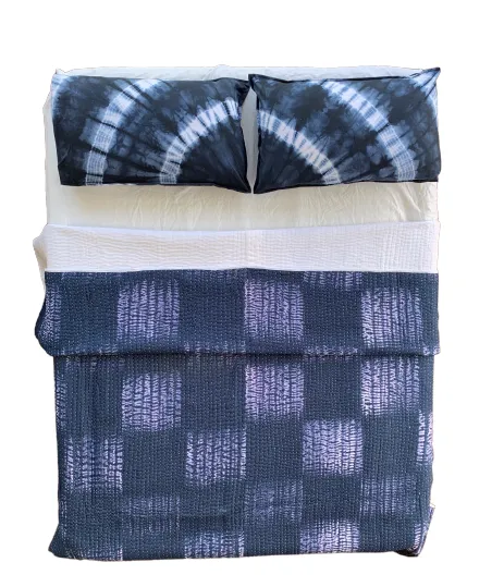 Handmade Indigo Tie dye Boxed Quilted Reversible Kantha Quilt