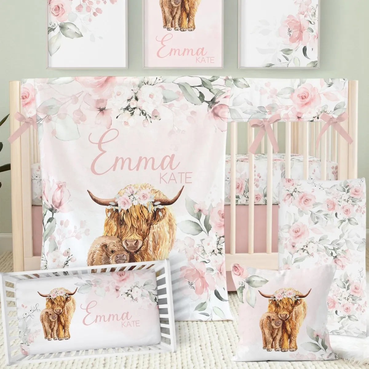 Highland Cow Floral Nursery Pillow