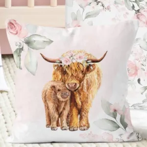 Highland Cow Floral Nursery Pillow