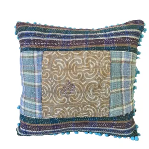 Indian Hand Made Vintage Kantha Patch Work Pomom Cushion Cover 45cm-2