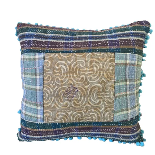 Indian Hand Made Vintage Kantha Patch Work Pomom Cushion Cover 45cm-2
