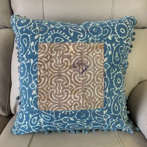 Indian Hand Made Vintage Kantha Patch Work Pomom Cushion Cover 45cm-3