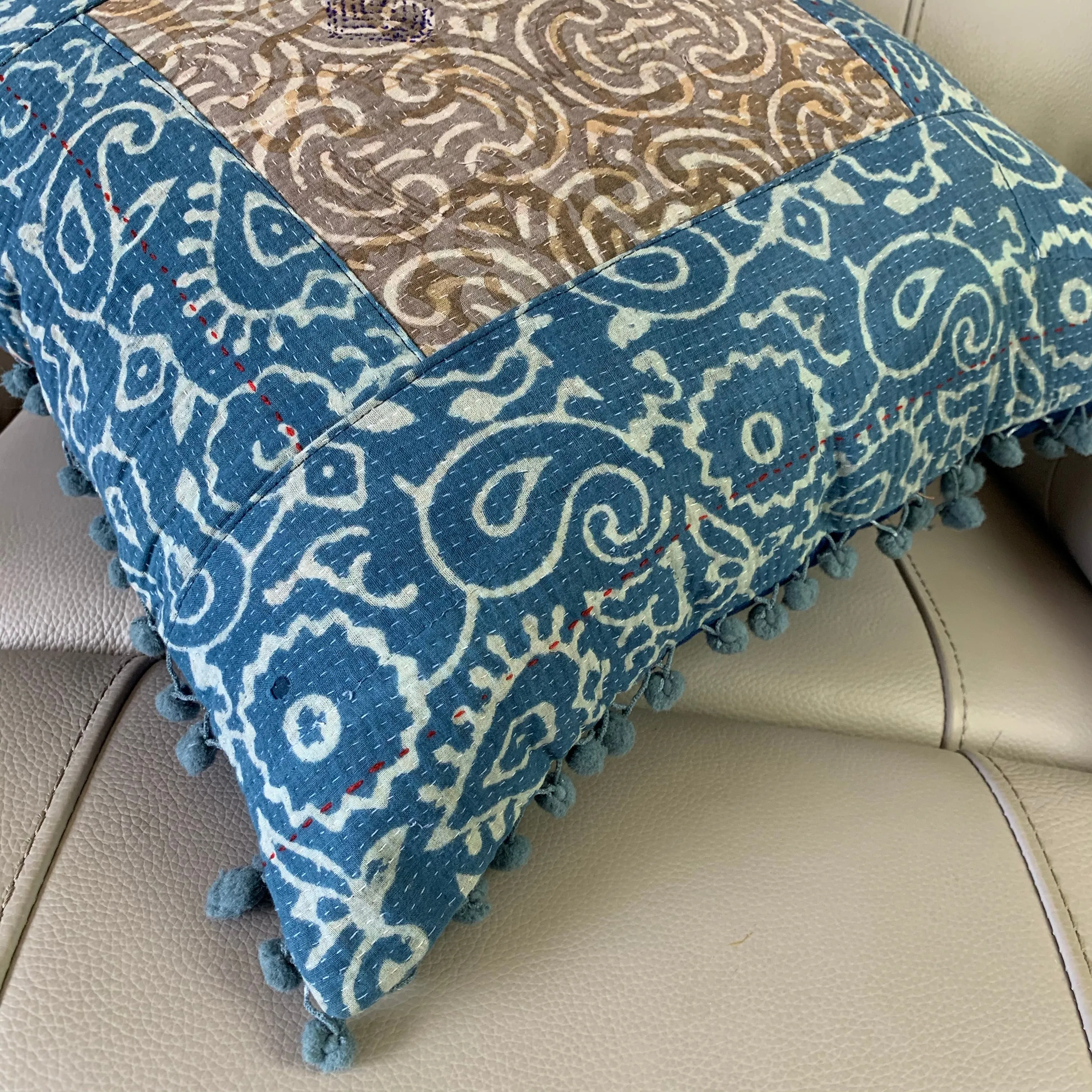 Indian Hand Made Vintage Kantha Patch Work Pomom Cushion Cover 45cm-3
