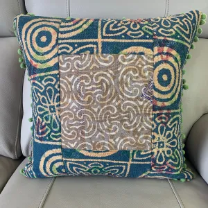 Indian Hand Made Vintage Kantha Patch Work Pomom Cushion Cover 45cm-B4
