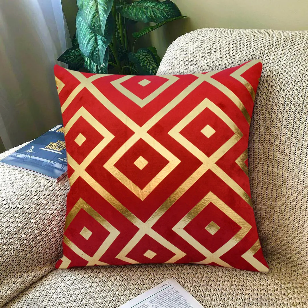 Luxury Foil Print Red and Golden Velvet Cushion 16 x 16 inches 1040001