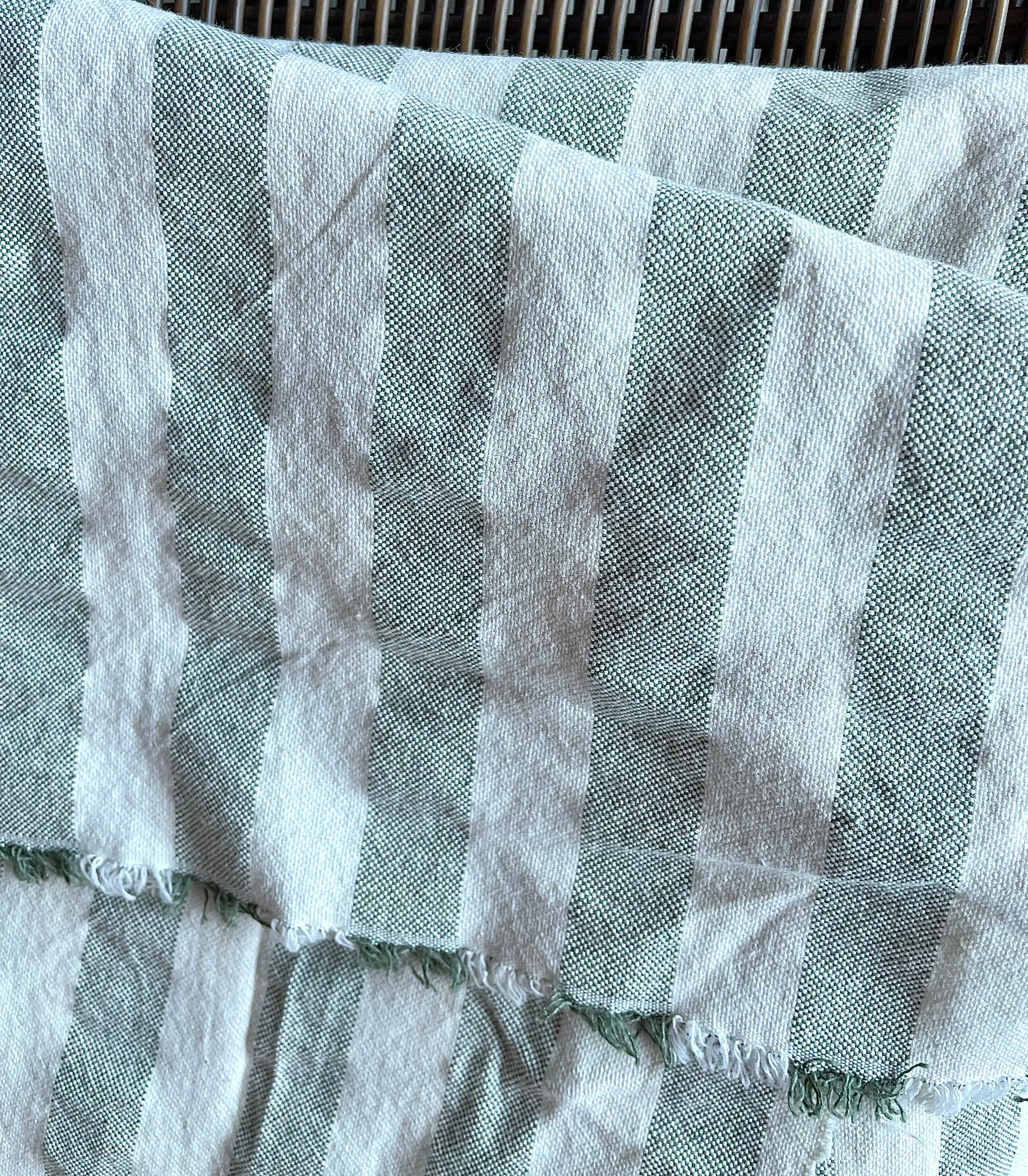 Moss Green & Cream Fabric by the yard / Home Decor Fabric / Ticking Upholstery Material / Green 1" Stripe Fabric / Light Upholstery Fabric