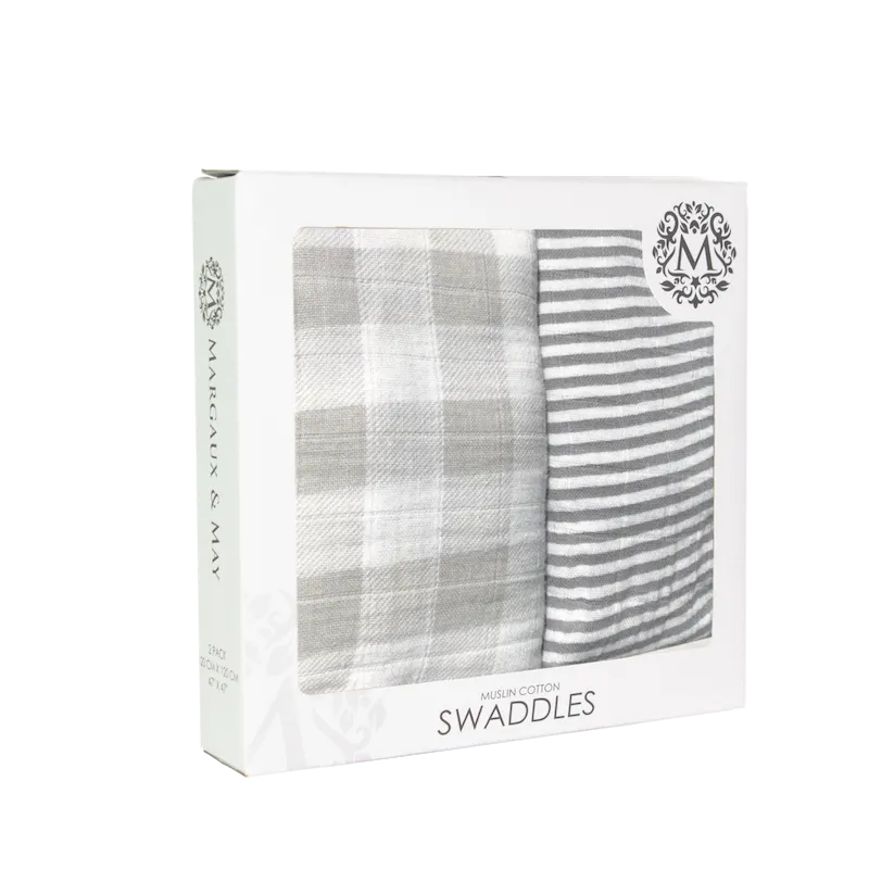 Muslin Swaddle Blankets - Grey Stripes & Gingham