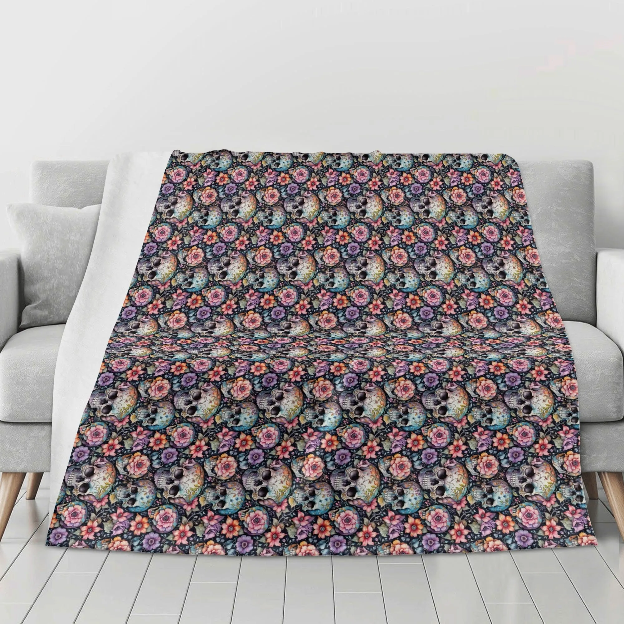 Pastel and Floral Skulls Flannel Breathable Blanket 4 Sizes