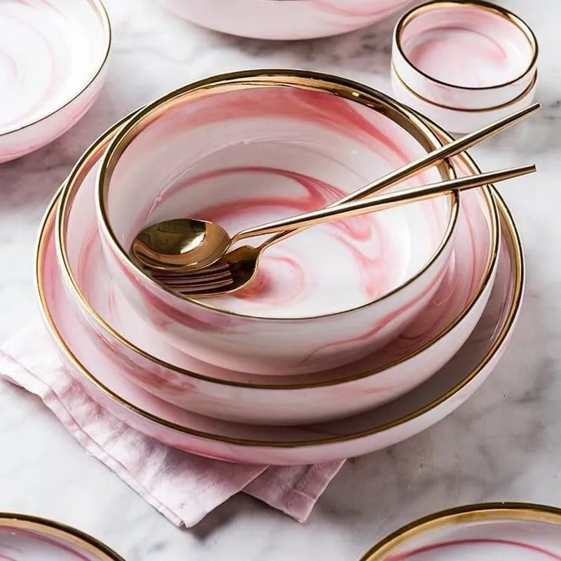Pink Marbe Designed Porcelain Dinner Plates