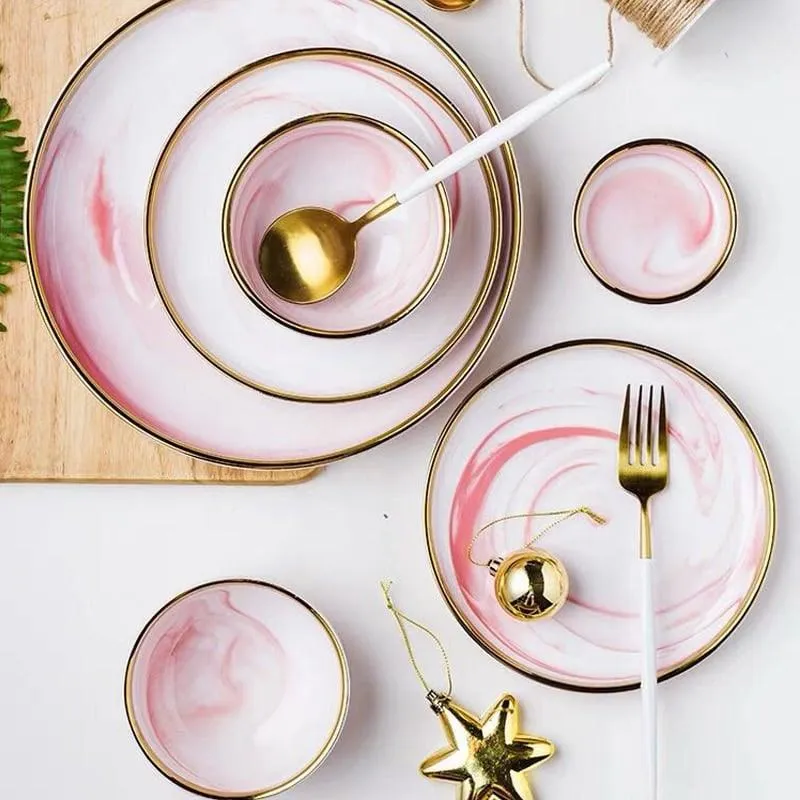 Pink Marbe Designed Porcelain Dinner Plates