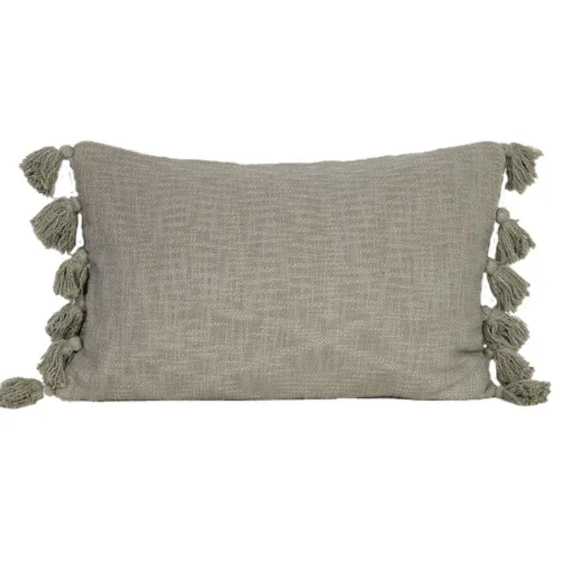 Sage Cotton Slub Tassle Cushion - 60cm x 40cm x 10cm