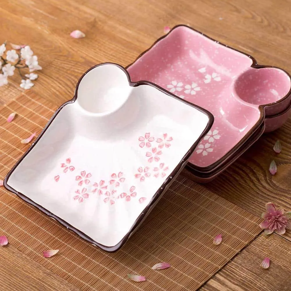 Sakura Flowers Ceramic Dinner Plate with Sauce Dish
