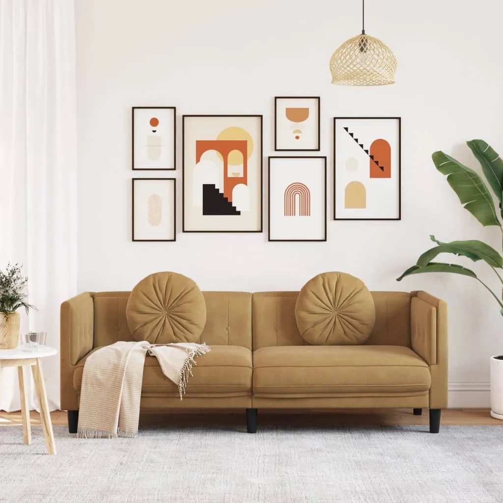 Sofa with Cushions 3-Seater Brown Faux Suede Leather