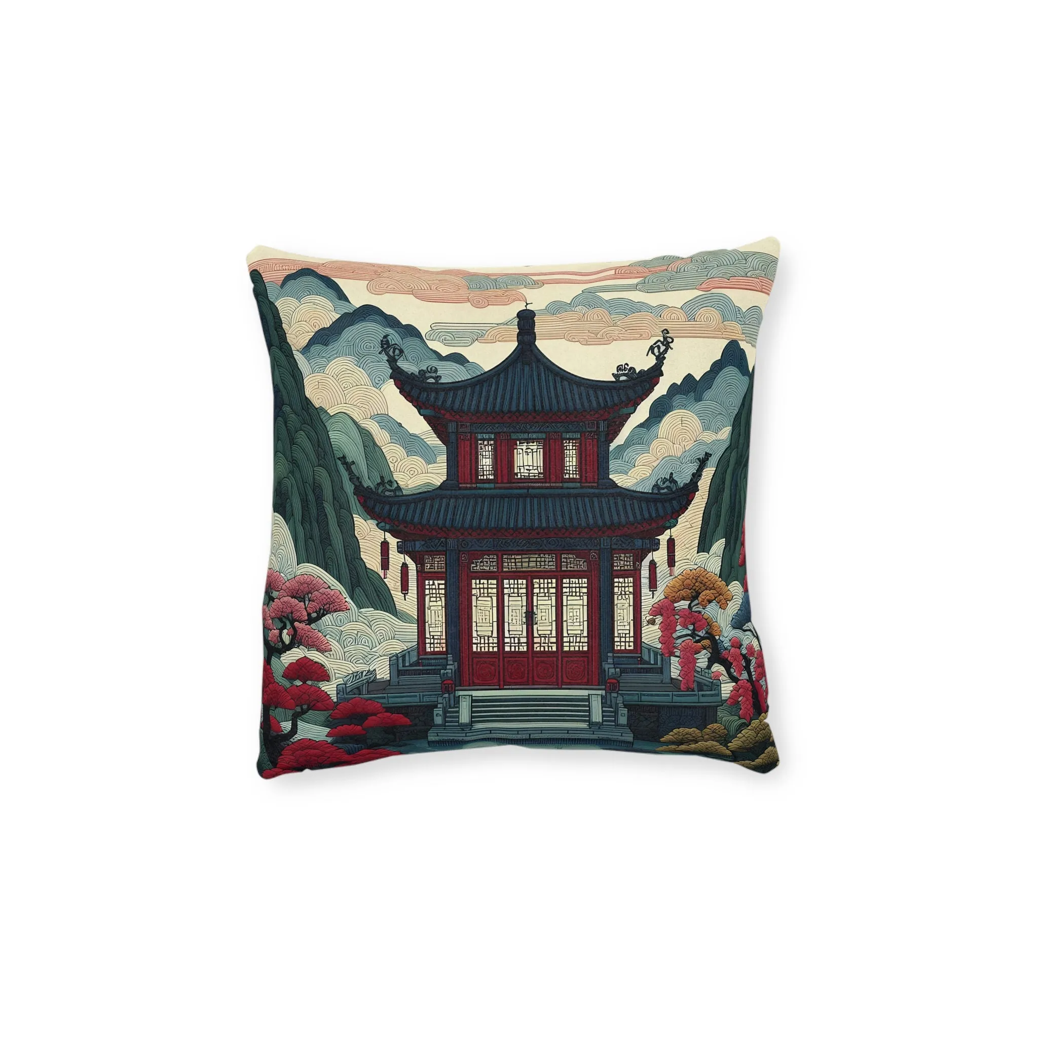 Traditional and cultural Chinese houses with Chinese embroidery Square Pillow - Pink Back