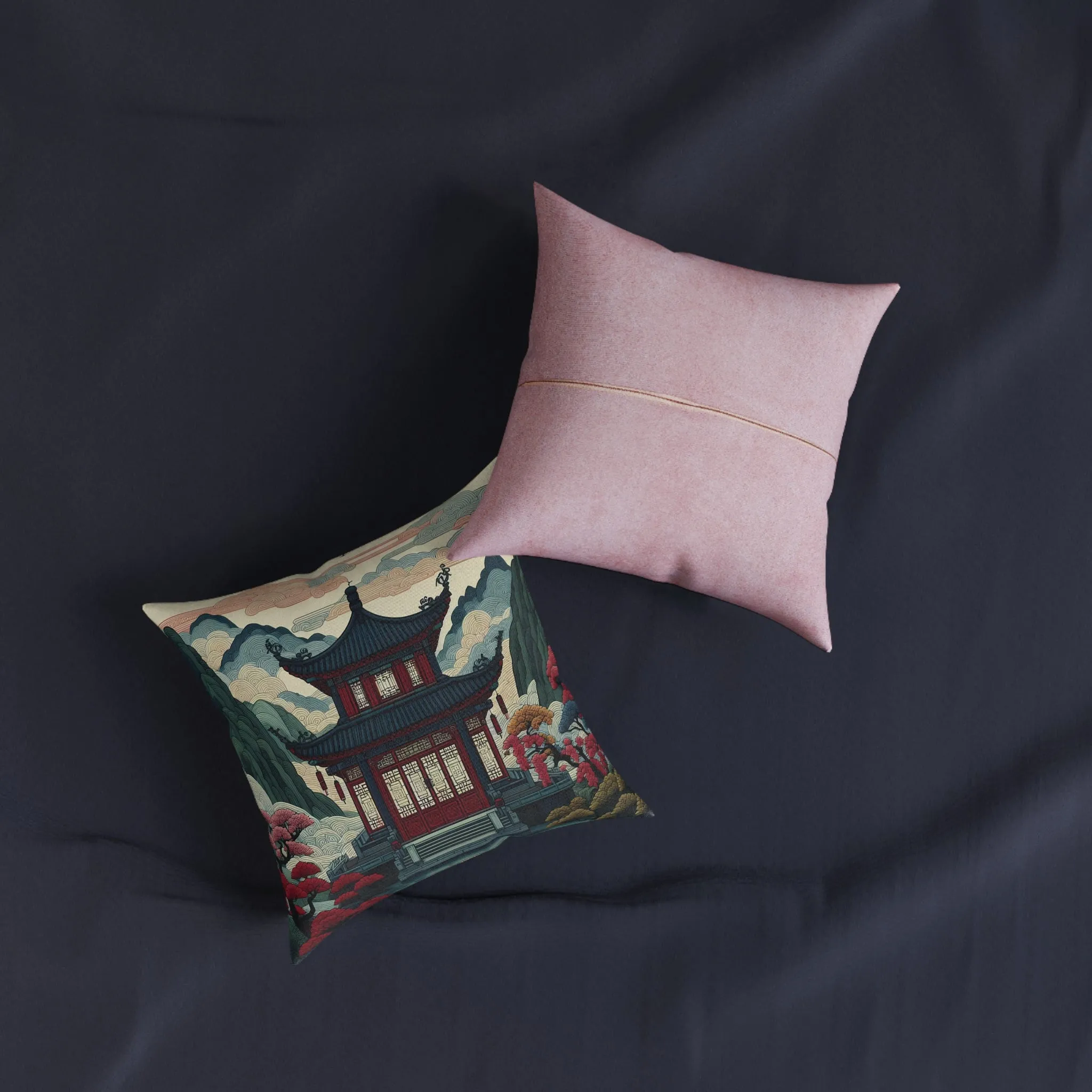 Traditional and cultural Chinese houses with Chinese embroidery Square Pillow - Pink Back
