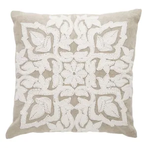 Whie & Beige Damask Cott Cushion - 50cm x 50cm