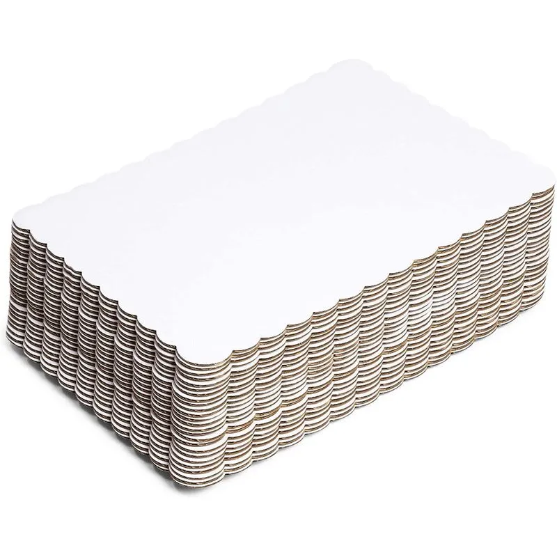 White Foil Cake Boards, Scalloped Rectangle Dessert Base (14 x 10 In, 25 Pack)