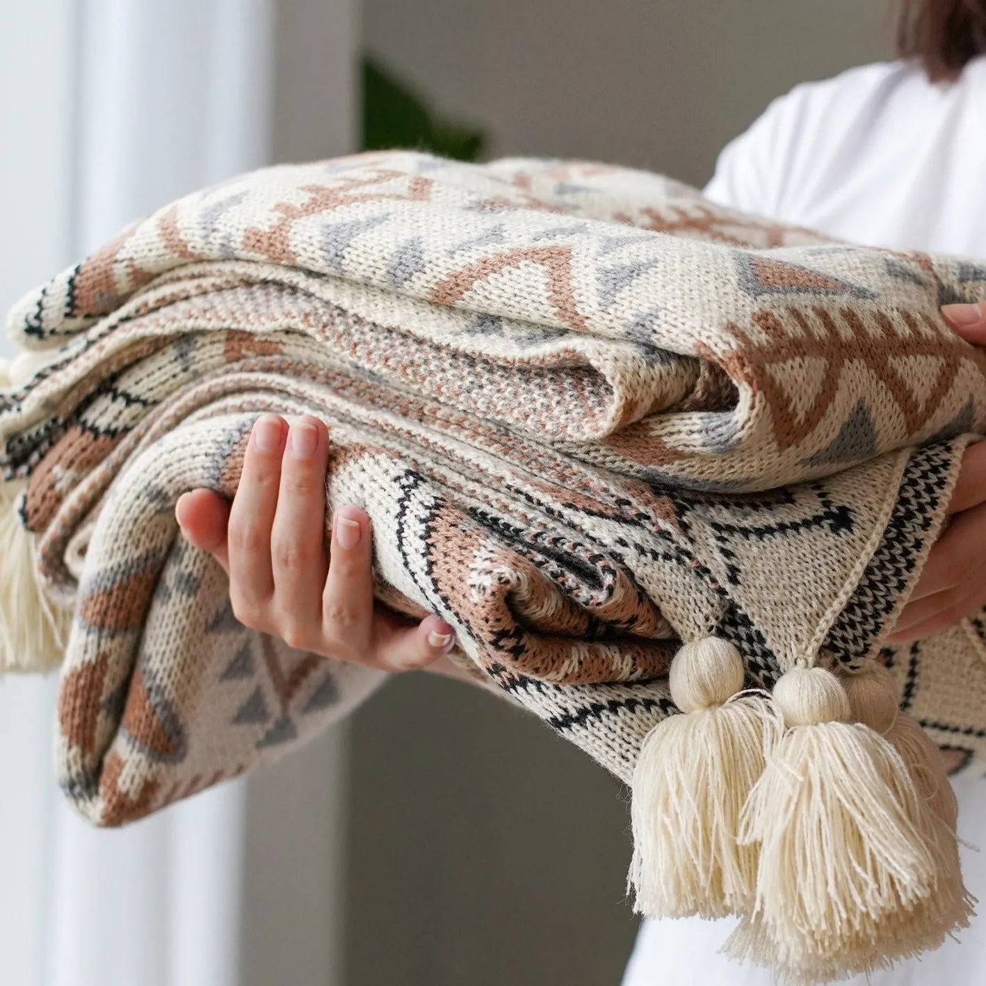 Zella Sofa Blankets Bohemian Style Cotton Knitted Blanket